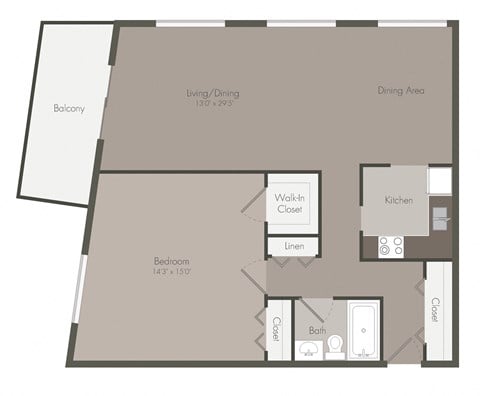Floor plan for 1 bed, 1 bath, 969 sqft